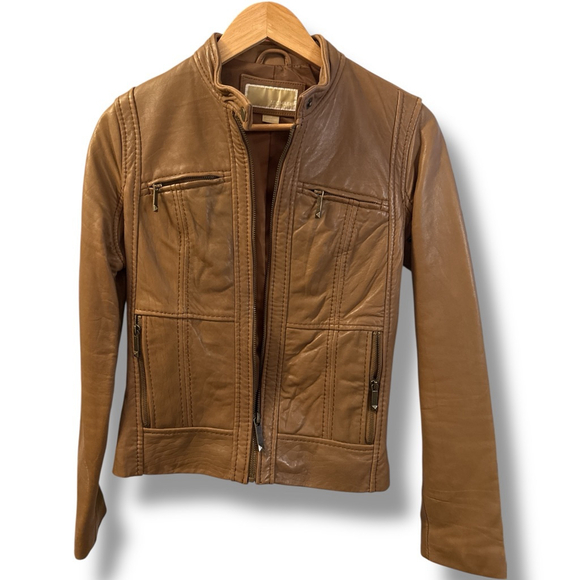 Women's Michael Kors Brown Real Leather Moto Jacket XS - Picture 1 of 6